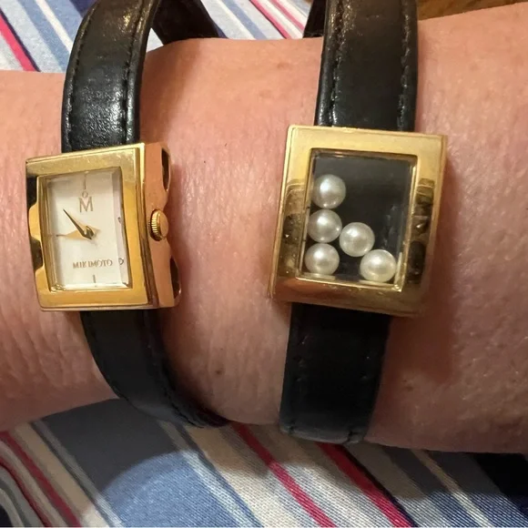 Vintage MIKIMOTO 5P Pearl Double Tour Wrap Bracelet Watch Black Leather Band - Picture 6 of 11